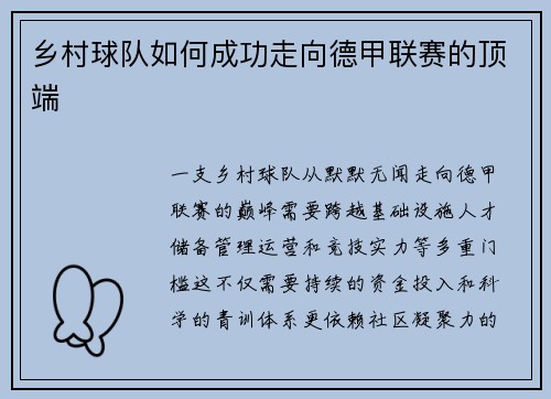 乡村球队如何成功走向德甲联赛的顶端